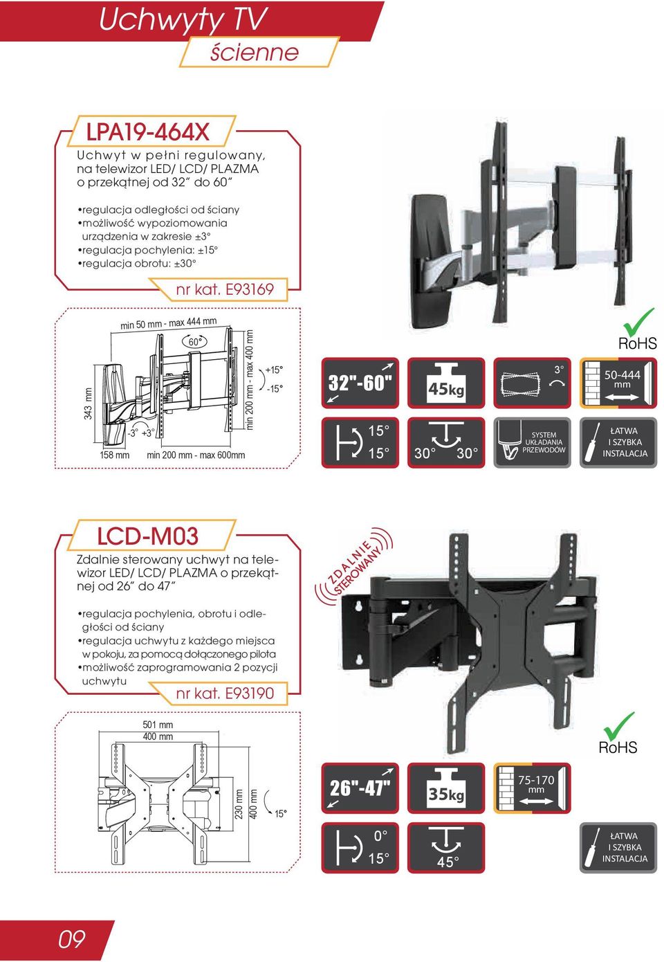 E93169 min 50 - max 444 343 60-3 +3 min 200 - max 400 158 min 200 - max 600 + - 30 45kg 30 3 SYSTEM UKŁADANIA PRZEWODÓW 50-444 LCD-M03 Zdalnie sterowany uchwyt na