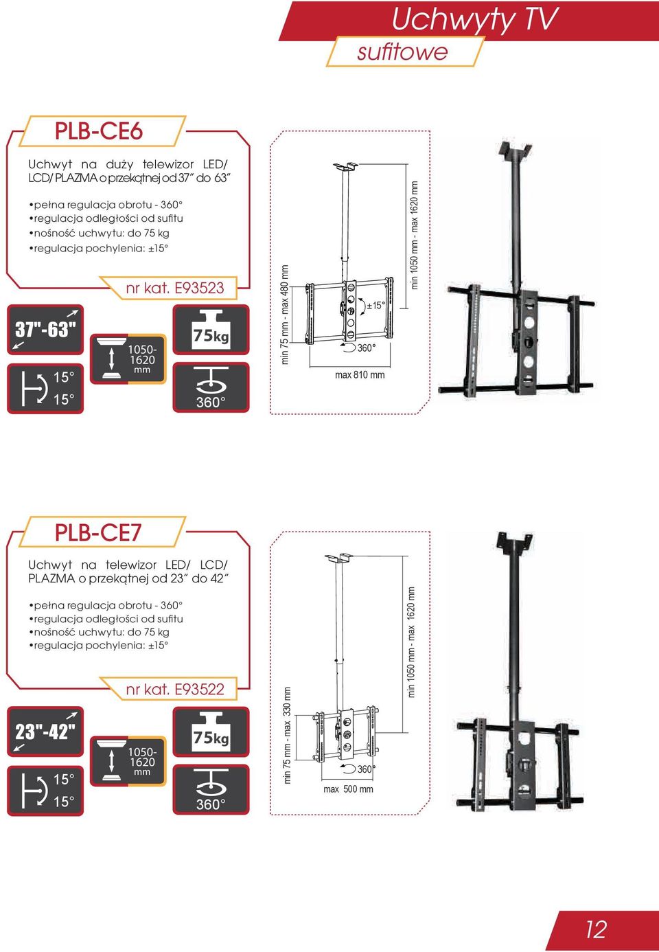 E93523 1050-1620 75kg min 75 - max 480 ± max 810 min 1050 - max 1620 PLB-CE7 Uchwyt na telewizor LED/ LCD/ PLAZMA o przekątnej od