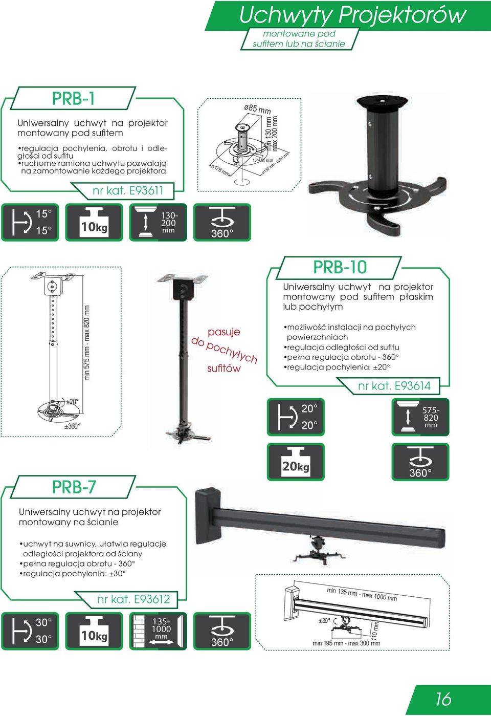 E93611 ø178 ø85 min 130 max 200 tilt &roll ø130 - ø320 130-200 10kg ±20 ± min 575 - max 820 Uniwersalny uchwyt na projektor montowany pod sufitem płaskim lub pochyłym możliwość instalacji na