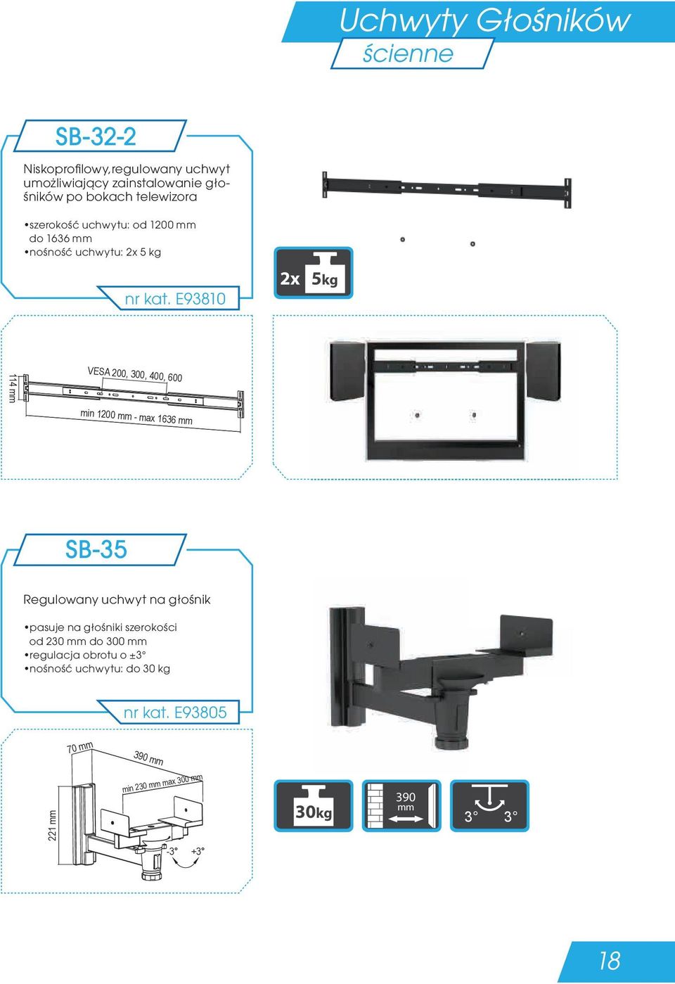E93810 2x 5kg 114 VESA 200, 300, 400, 600 min 1200 - max 1636 SB-35 Regulowany uchwyt na głośnik pasuje na