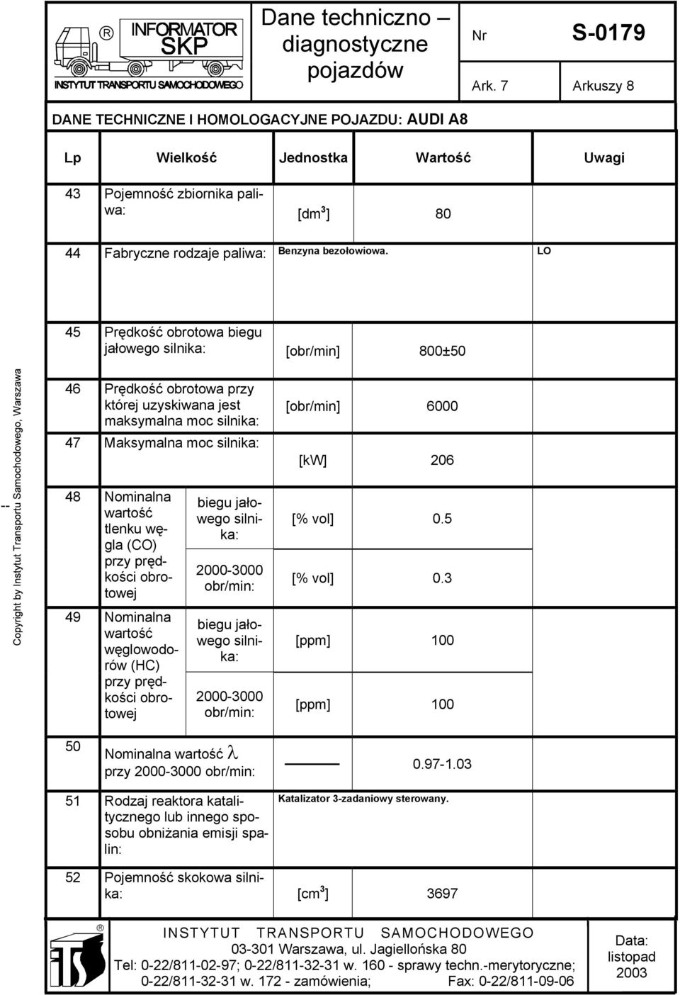 Nominalna wartość tlenku węgla (CO) przy prędkości obrotowej biegu jałowego silnika: 2000-3000 obr/min: [% vol] 0.5 [% vol] 0.