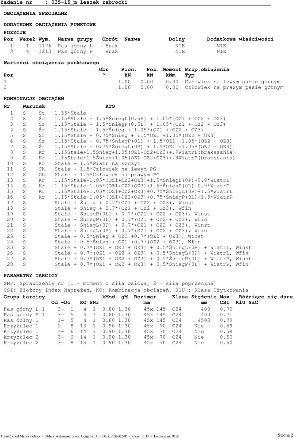 obiążenia Poz kn kn knm Typ 1 1.00 0.00 0.00 Człowiek na lewym pasie górnym 3 1.00 0.00 0.00 Człowiek na prawym pasie górnym KOMBINACJE OBCIĄŻEŃ Nr Warunek KTO 1 S St 1.35*Stałe 2 S Śr 1.15*Stałe + 1.
