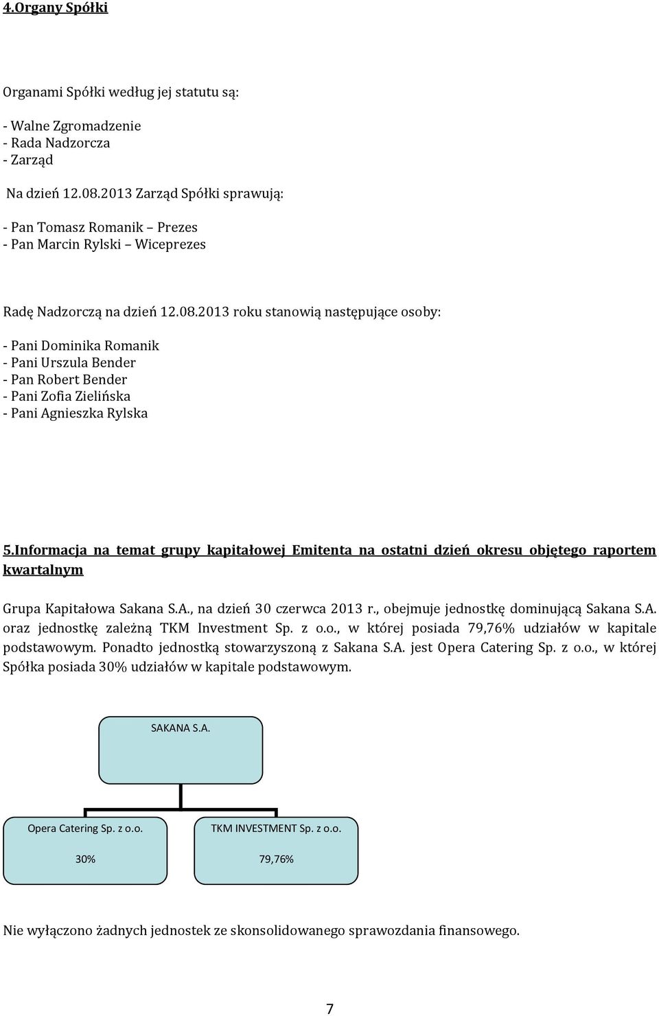 2013 roku stanowią następujące osoby: - Pani Dominika Romanik - Pani Urszula Bender - Pan Robert Bender - Pani Zofia Zielińska - Pani Agnieszka Rylska 5.