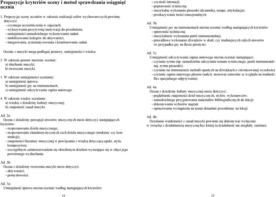 samodzielnego wykonywania zadań; - mobilizowanie kolegów do aktywności; - integrowania, systematyzowania i konstruowania zadań. Ocenie z muzyki mogą podlegać postawy, umiejętności i wiedza. 2.