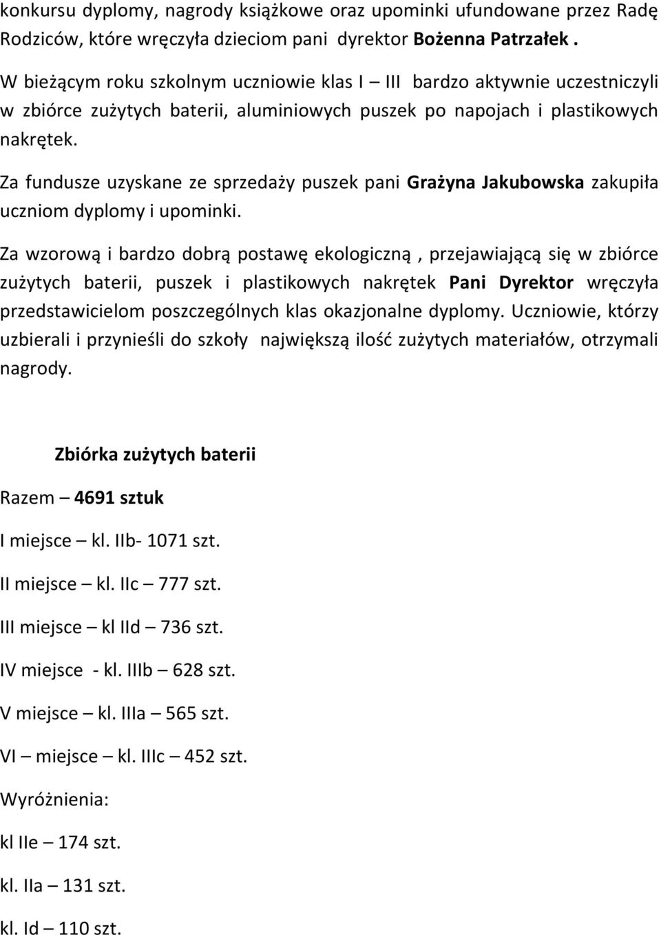 Za fundusze uzyskane ze sprzedaży puszek pani Grażyna Jakubowska zakupiła uczniom dyplomy i upominki.