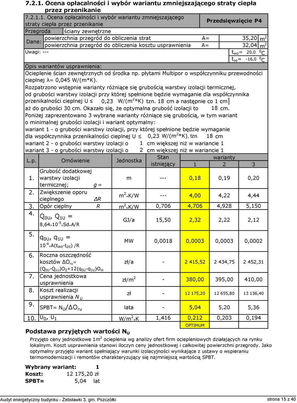 usprawnienia: Ocieplenie ścian zewnętrznych od środka np. płytami Multipor o współczynniku przewodności cieplnej λ= 0,045 W/(m*K).