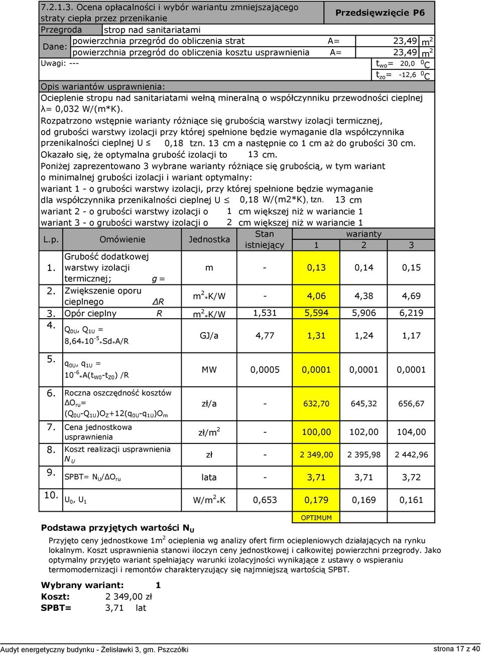 powierzchnia przegród do obliczenia kosztu usprawnienia A= 23,49 Uwagi: t wo = 20,0 t zo = -12,6 Opis wariantów usprawnienia: Ocieplenie stropu nad sanitariatami wełną mineralną o współczynniku