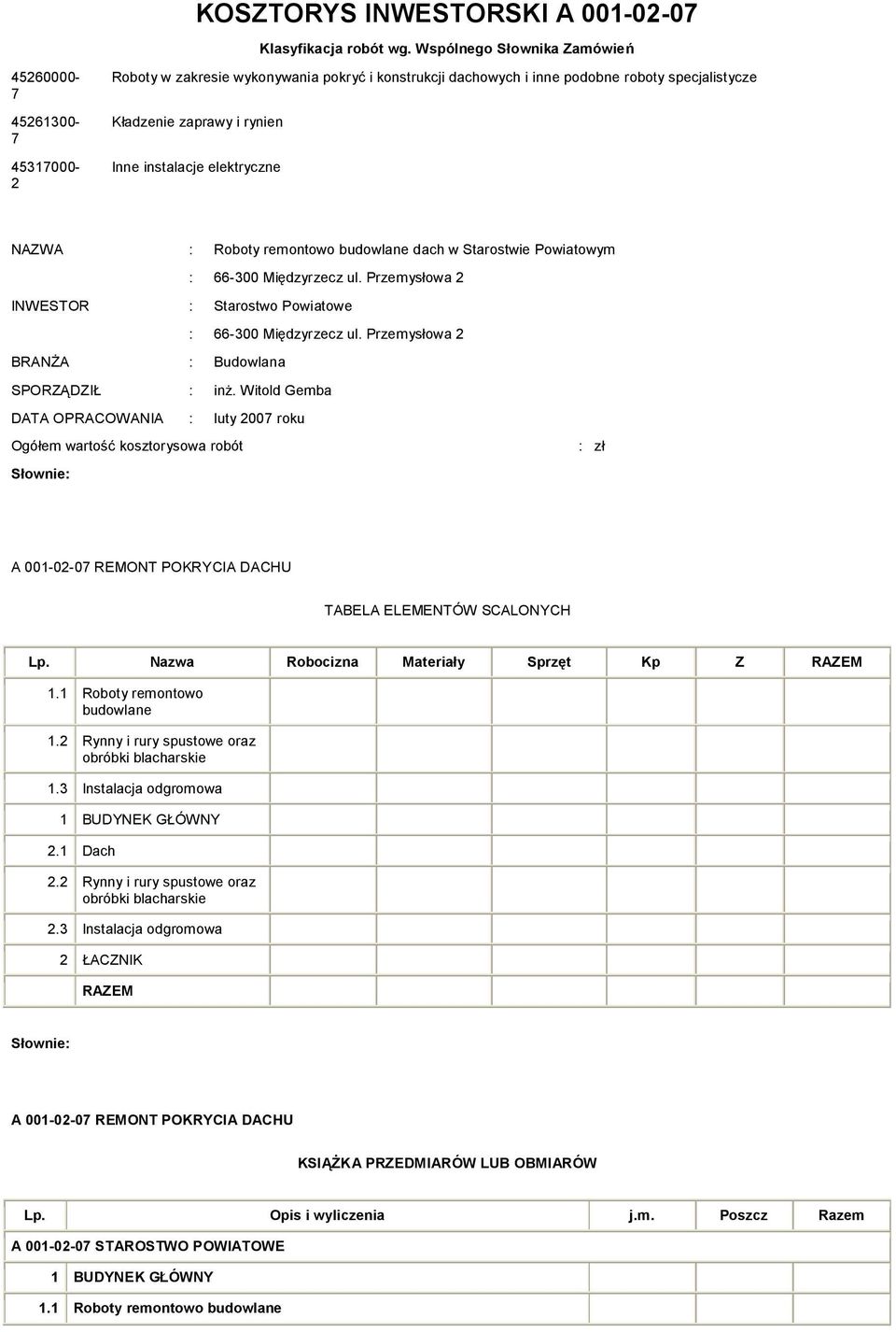 elekryczne NAZWA : Roboy reonowo budowlane dach w Saroswie Powiaowy : 66-300 Międzyrzecz ul. Przeysłowa 2 INWESTOR : Saroswo Powiaowe : 66-300 Międzyrzecz ul.