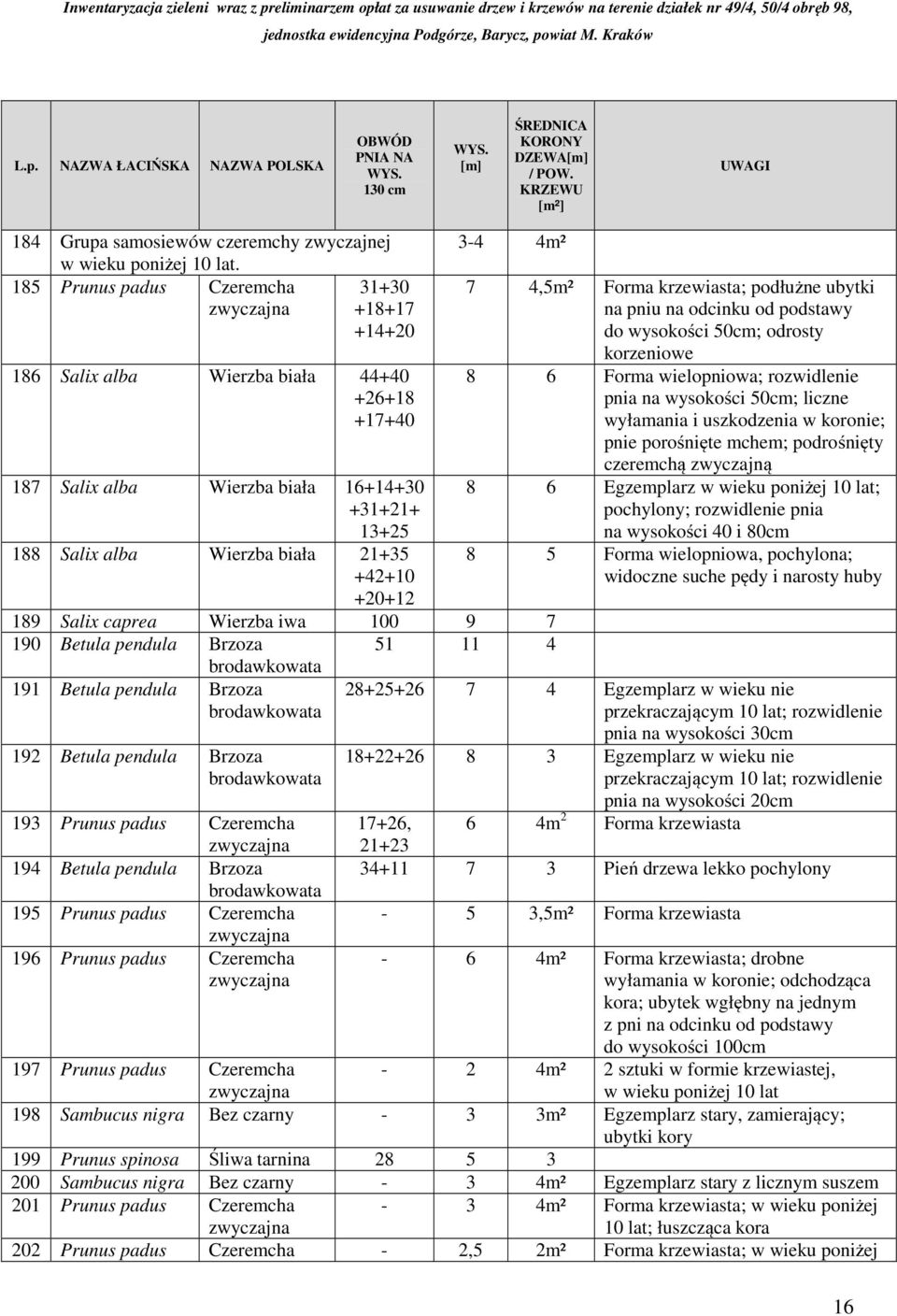 3-4 4m² 189 Salix caprea Wierzba iwa 100 9 7 190 Betula pendula Brzoza 51 11 4 191 Betula pendula Brzoza 192 Betula pendula Brzoza 193 Prunus padus Czeremcha 194 Betula pendula Brzoza 195 Prunus