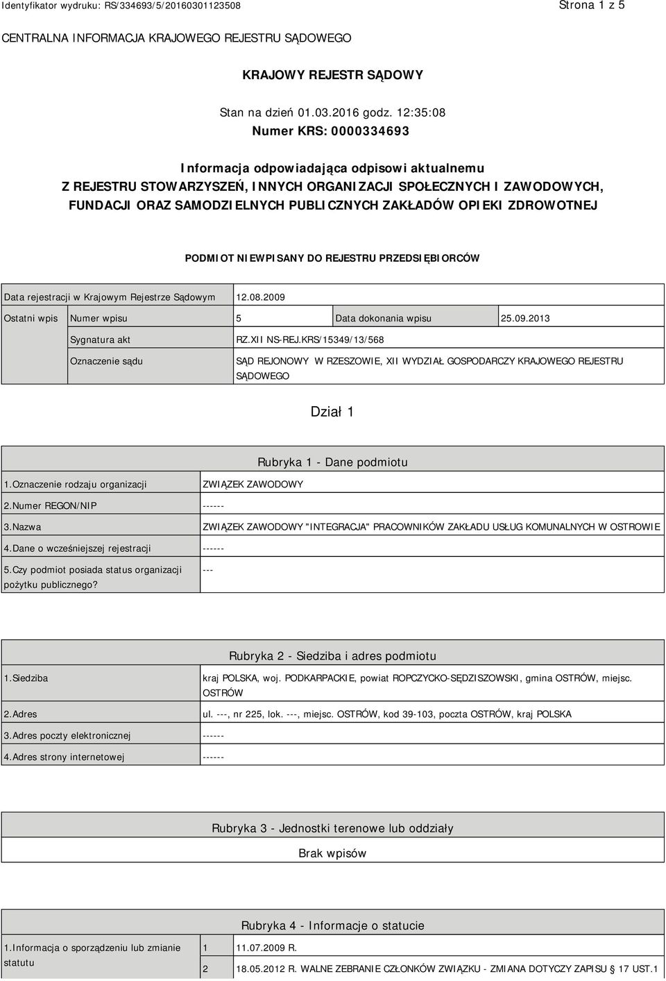 OPIEKI ZDROWOTNEJ PODMIOT NIEWPISANY DO REJESTRU PRZEDSIĘBIORCÓW Data rejestracji w Krajowym Rejestrze Sądowym 12.08.2009 Ostatni wpis Numer wpisu 5 Data dokonania wpisu 25.09.2013 Sygnatura akt Oznaczenie sądu RZ.