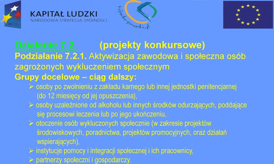 jednostki penitencjarnej (do 12 miesięcy od jej opuszczenia), osoby uzależnione od alkoholu lub innych środków odurzających, poddające się procesowi