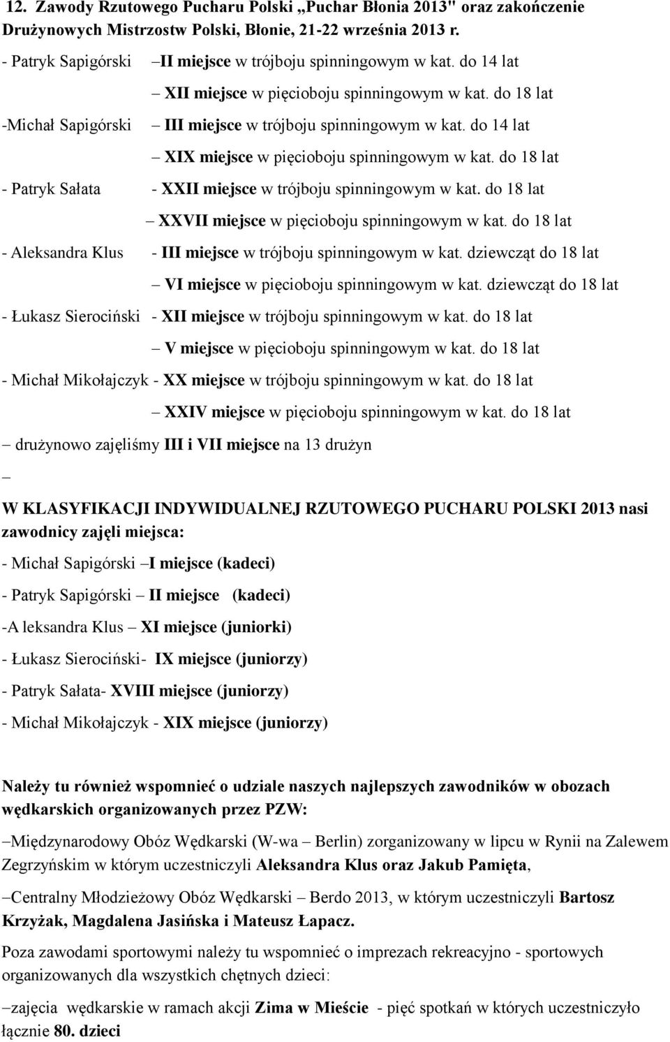 do 18 lat - Patryk Sałata - XXII miejsce w trójboju spinningowym w kat. do 18 lat XXVII miejsce w pięcioboju spinningowym w kat.