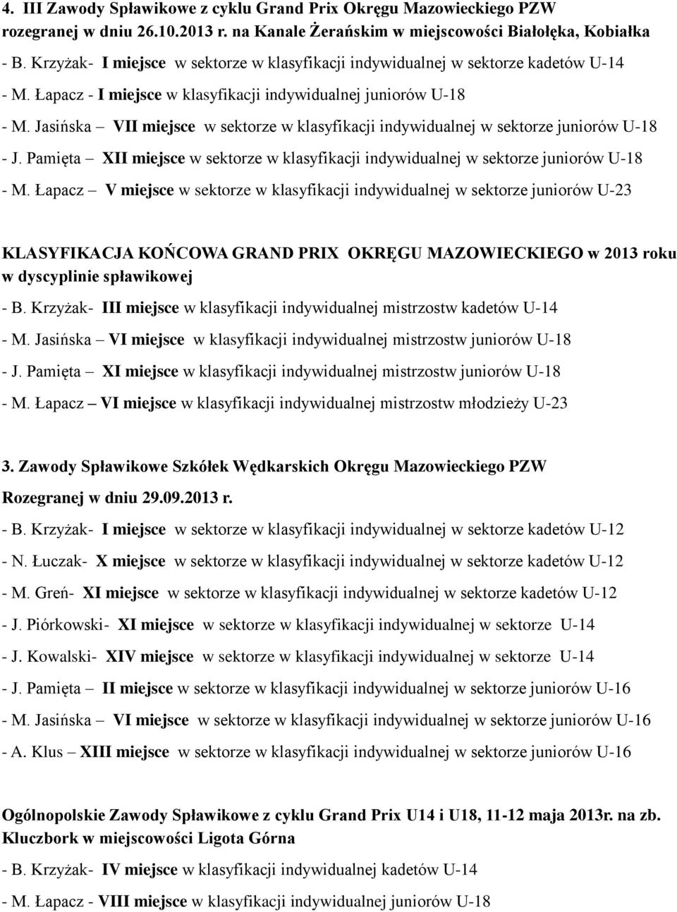 Jasińska VII miejsce w sektorze w klasyfikacji indywidualnej w sektorze juniorów U-18 - J. Pamięta XII miejsce w sektorze w klasyfikacji indywidualnej w sektorze juniorów U-18 - M.