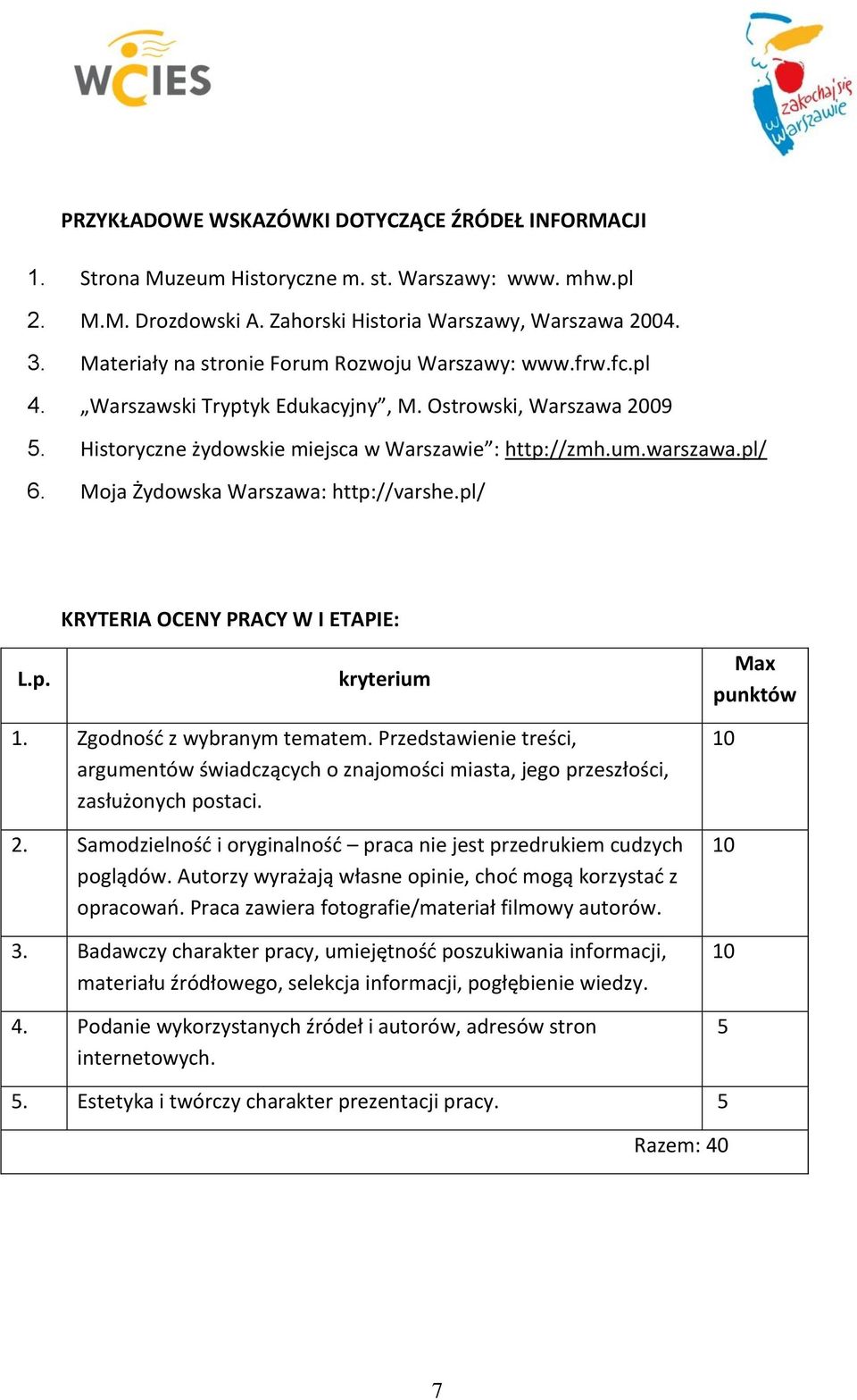 Moja Żydowska Warszawa: http://varshe.pl/ KRYTERIA OCENY PRACY W I ETAPIE: L.p. kryterium Max punktów 1. Zgodność z wybranym tematem.