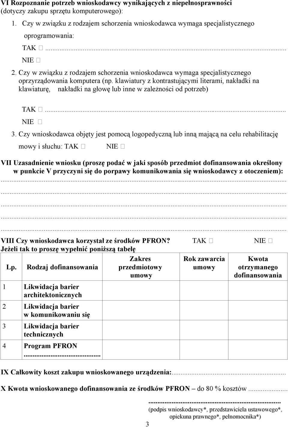 Czy w związku z rodzajem schorzenia wnioskodawca wymaga specjalistycznego oprzyrządowania komputera (np.