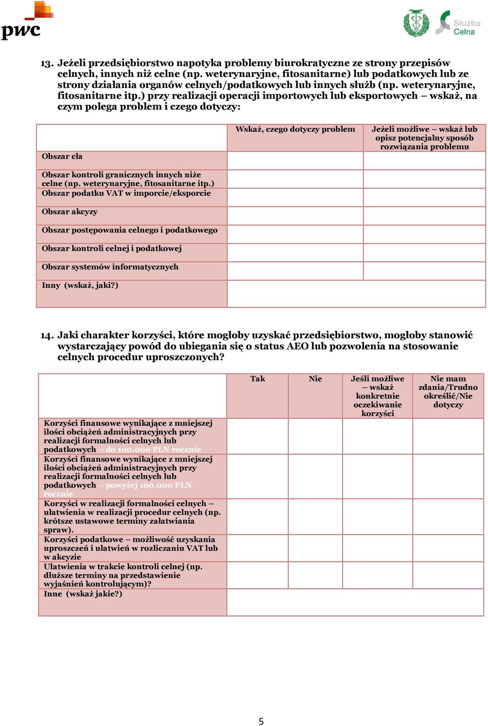 ) przy realizacji operacji importowych lub eksportowych wskaż, na czym polega problem i czego : Obszar cła Obszar kontroli granicznych innych niże celne (np. weterynaryjne, fitosanitarne itp.