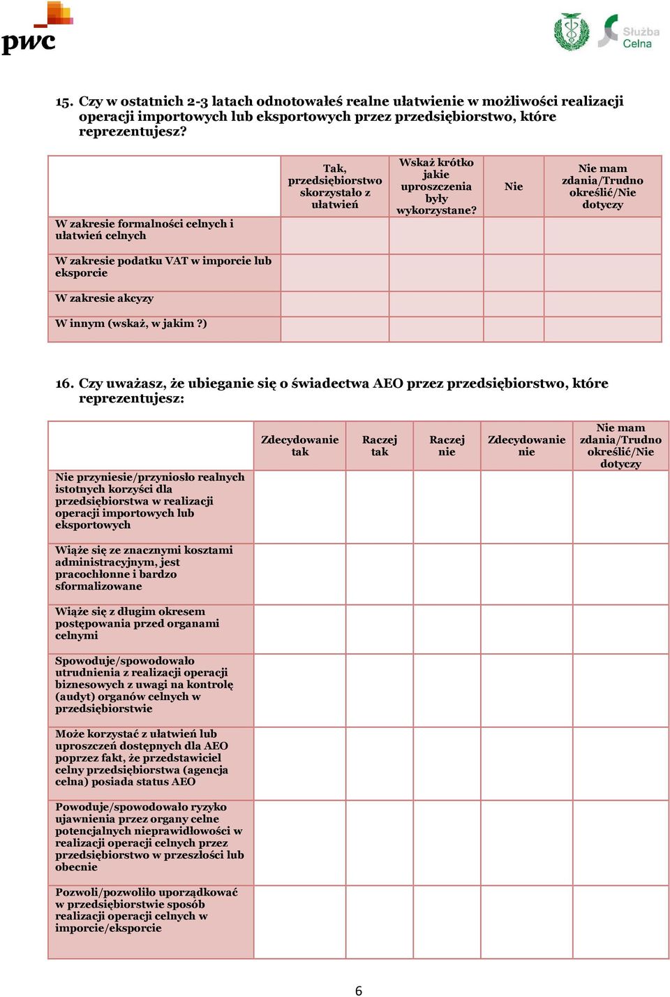 Nie W zakresie podatku VAT w imporcie lub eksporcie W zakresie akcyzy W innym (wskaż, w jakim?) 16.