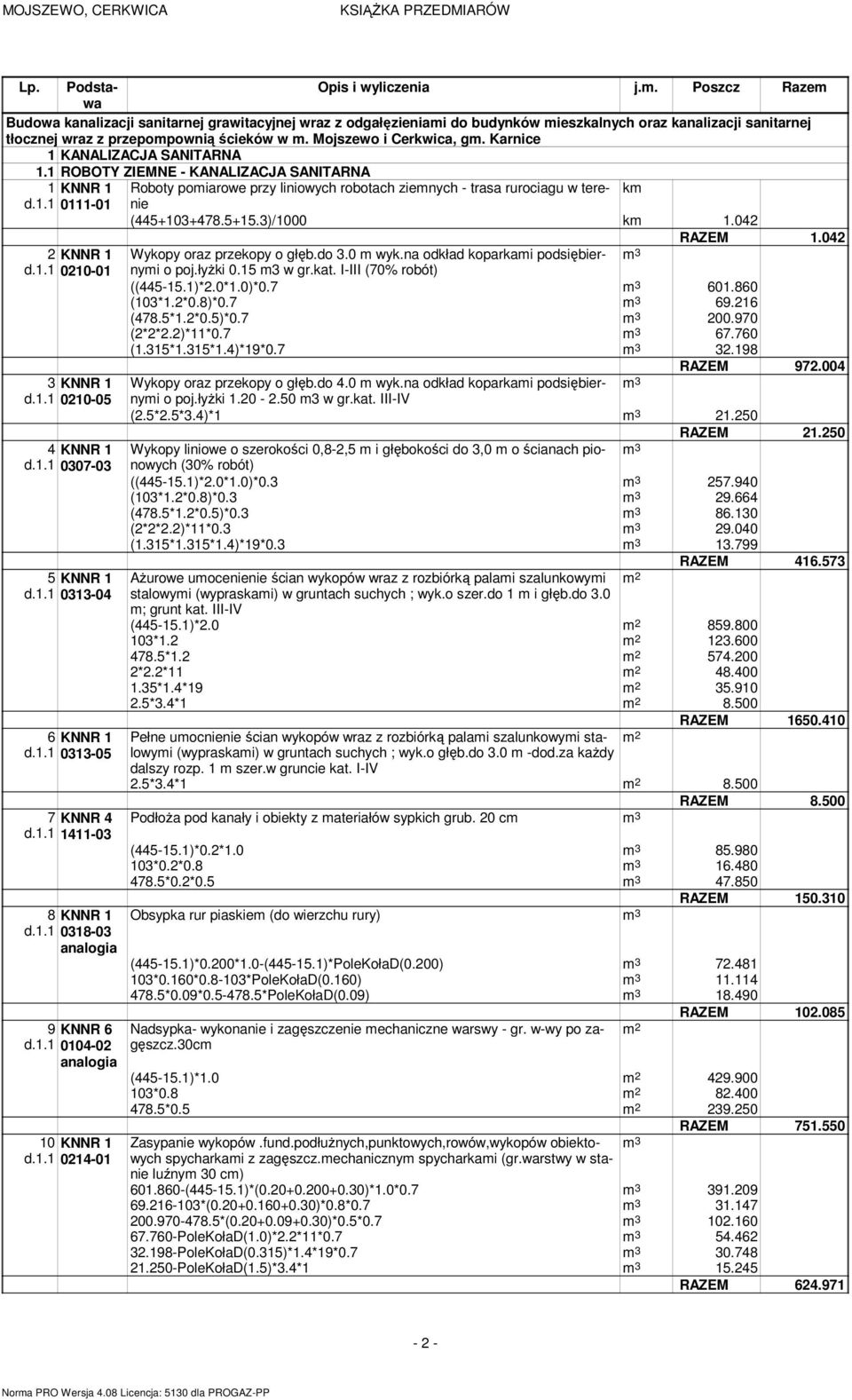 5+15.3)/1000 k 1.042 RAZEM 1.042 2 KNNR 1 Wykopy oraz przekopy o głęb.do 3.0 wyk.na odkład koparkai podsiębiernyi 3 d.1.1 0210-01 o poj.łyŝki 0.15 3 w gr.kat. I-III (70% robót) ((445-15.1)*2.0*1.0)*0.