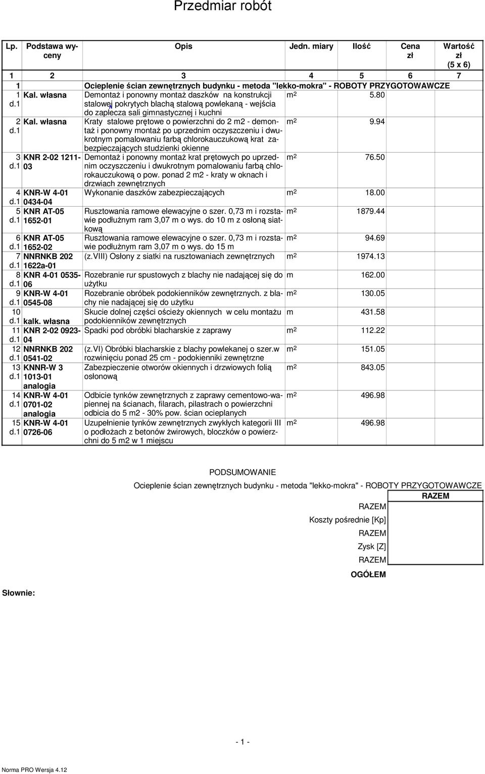 1 1652-01 do zaplecza sali gimnastycznej i kuchni Kraty stalowe prętowe o powierzchni do 2 m2 - demontaż i ponowny montaż po uprzednim oczyszczeniu i dwukrotnym pomalowaniu farbą chlorokauczukową