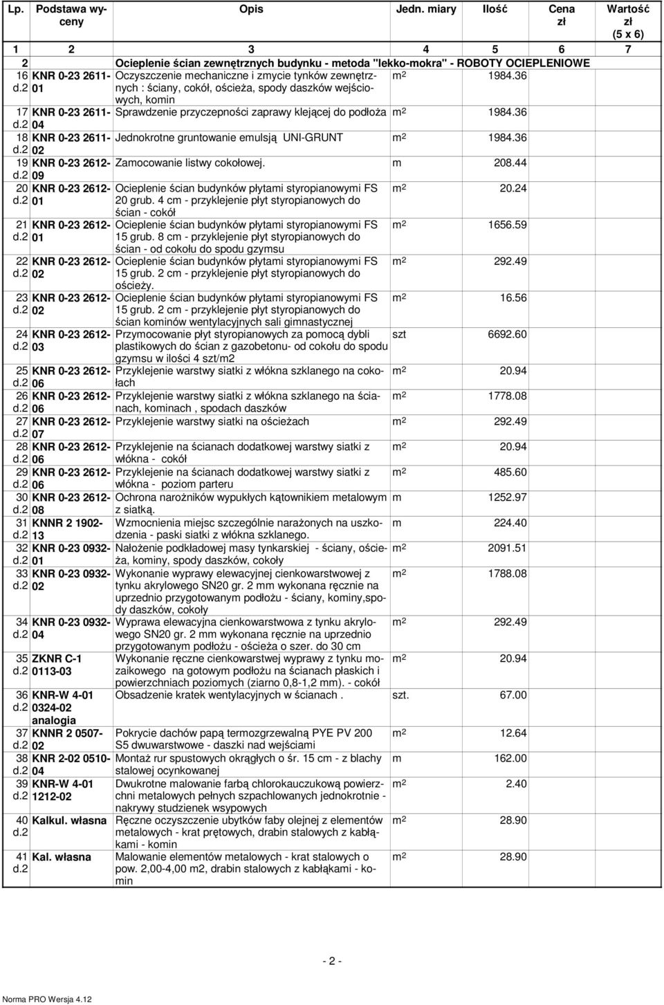 36 04 18 KNR 0-23 2611- Jednokrotne gruntowanie emulsją UNI-GRUNT m 2 1984.36 19 KNR 0-23 2612- Zamocowanie listwy cokołowej. m 208.