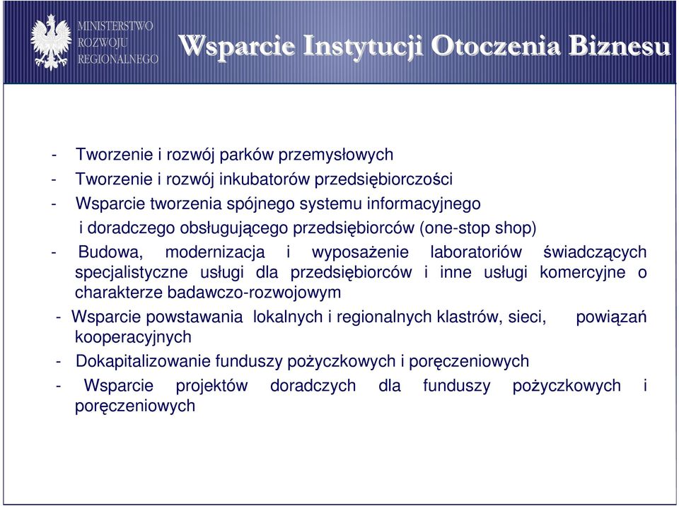 specjalistyczne usługi dla przedsiębiorców i inne usługi komercyjne o charakterze badawczo-rozwojowym - Wsparcie powstawania lokalnych i regionalnych