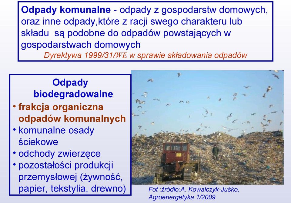 Odpady biodegradowalne frakcja organiczna odpadów komunalnych komunalne osady ściekowe odchody zwierzęce