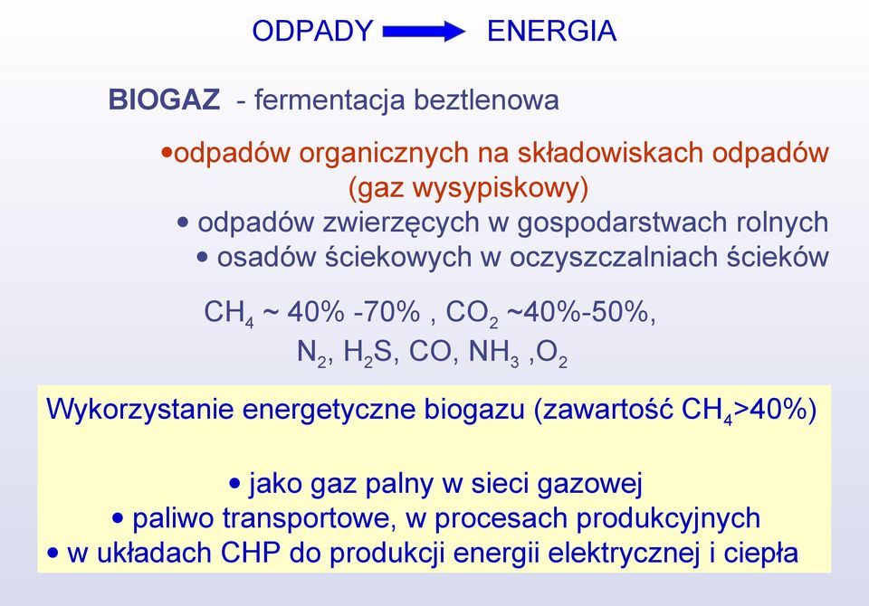 ~40%-50%, N 2, H 2 S, CO, NH 3,O 2 Wykorzystanie energetyczne biogazu (zawartość CH 4 >40%) jako gaz palny w