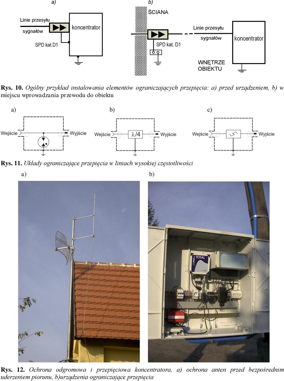 Ogólny przykład instalowania elementów ograniczających przepięcia: a) przed urządzeniem, b) w miejscu wprowadzania przewodu do