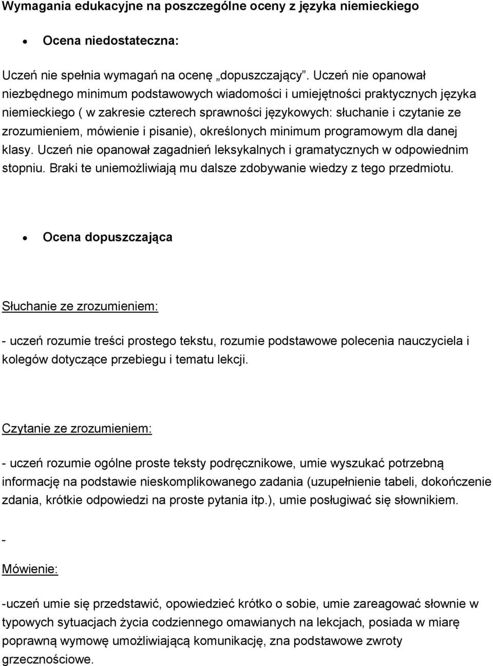 mówienie i pisanie), określonych minimum programowym dla danej klasy. Uczeń nie opanował zagadnień leksykalnych i gramatycznych w odpowiednim stopniu.