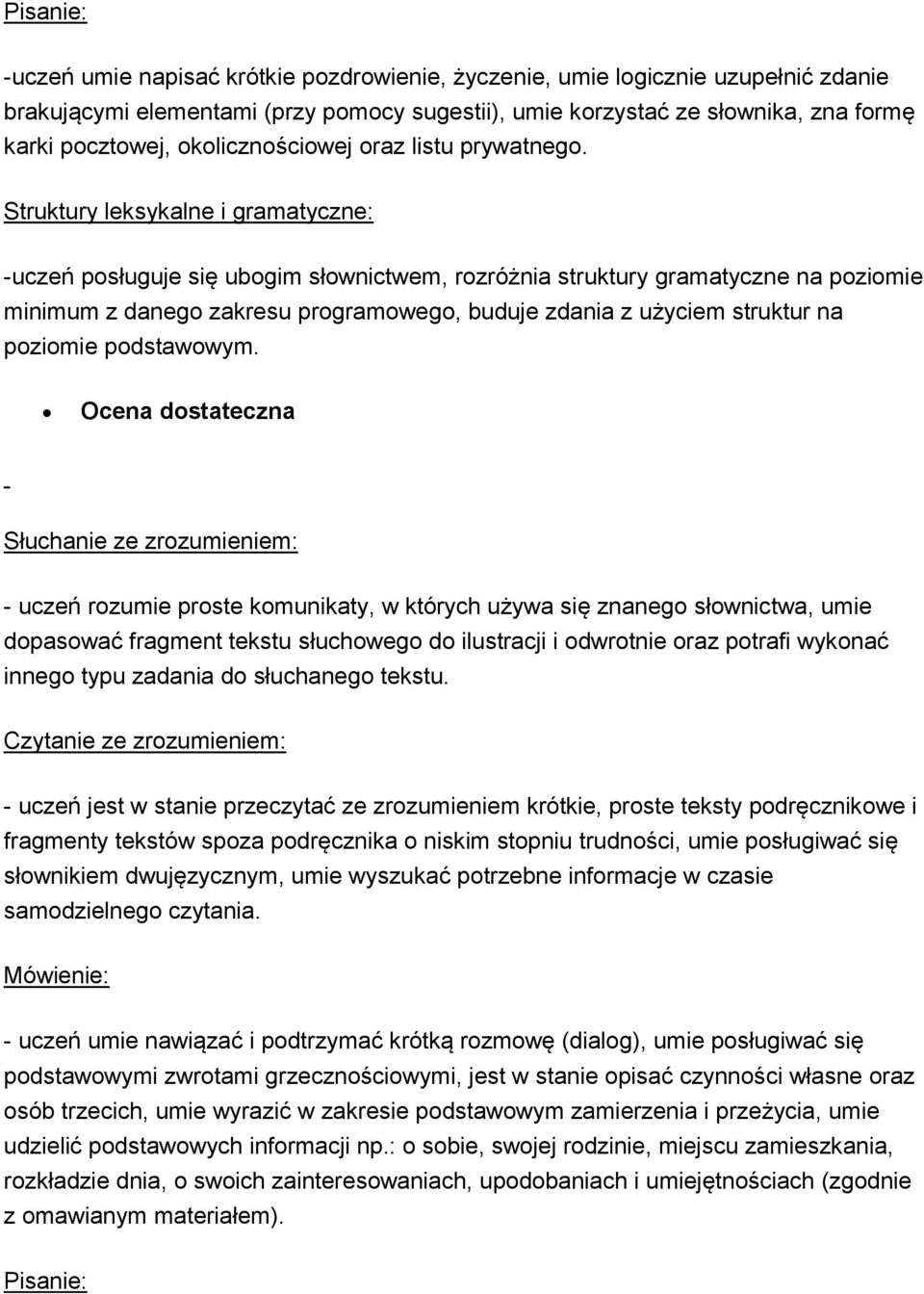 -uczeń posługuje się ubogim słownictwem, rozróżnia struktury gramatyczne na poziomie minimum z danego zakresu programowego, buduje zdania z użyciem struktur na poziomie podstawowym.