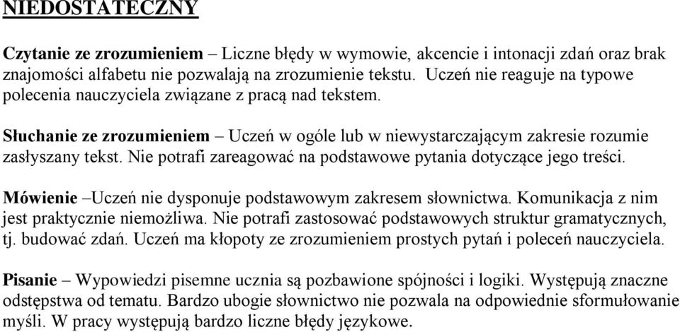 Nie potrafi zareagować na podstawowe pytania dotyczące jego treści. Mówienie Uczeń nie dysponuje podstawowym zakresem słownictwa. Komunikacja z nim jest praktycznie niemożliwa.