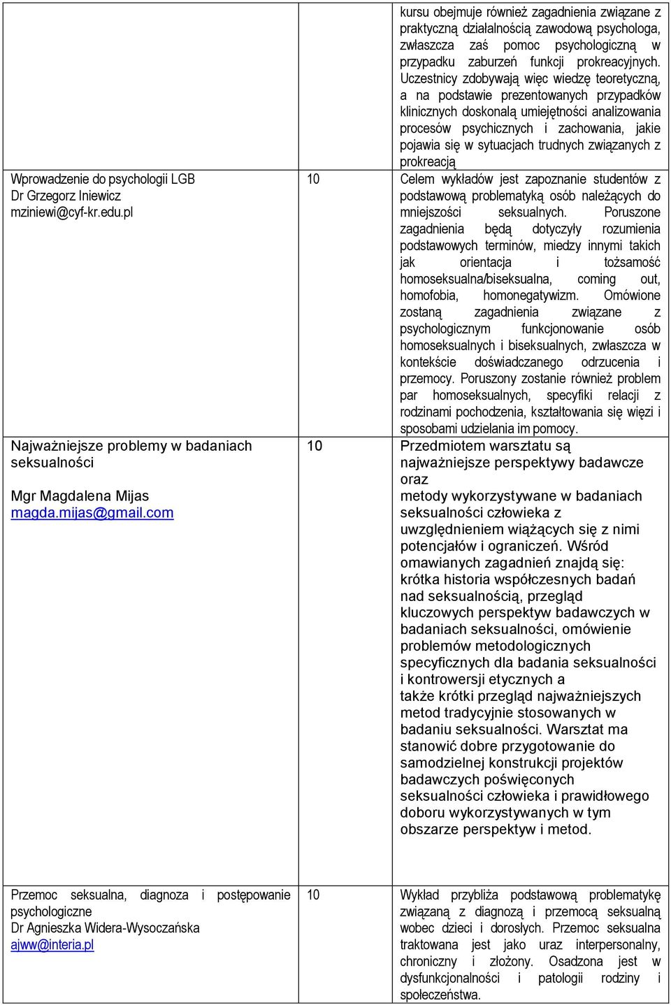 Uczestnicy zdobywają więc wiedzę teoretyczną, a na podstawie prezentowanych przypadków klinicznych doskonalą umiejętności analizowania procesów psychicznych i zachowania, jakie pojawia się w