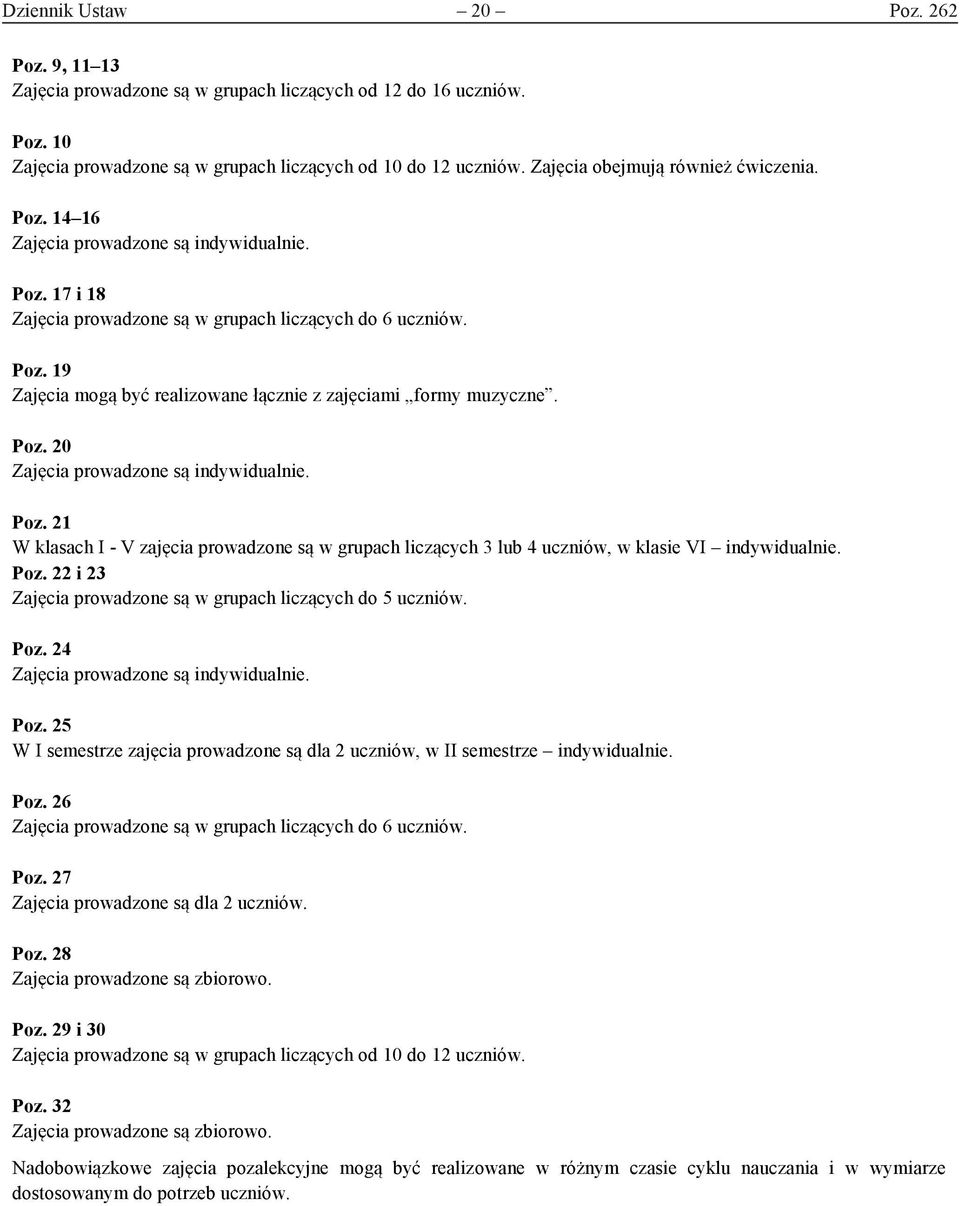 Poz. 20 Zajęcia prowadzone są indywidualnie. Poz. 21 W klasach I - V zajęcia prowadzone są w grupach liczących 3 lub 4 uczniów, w klasie VI indywidualnie. Poz. 22 i 23 Zajęcia prowadzone są w grupach liczących do 5 uczniów.