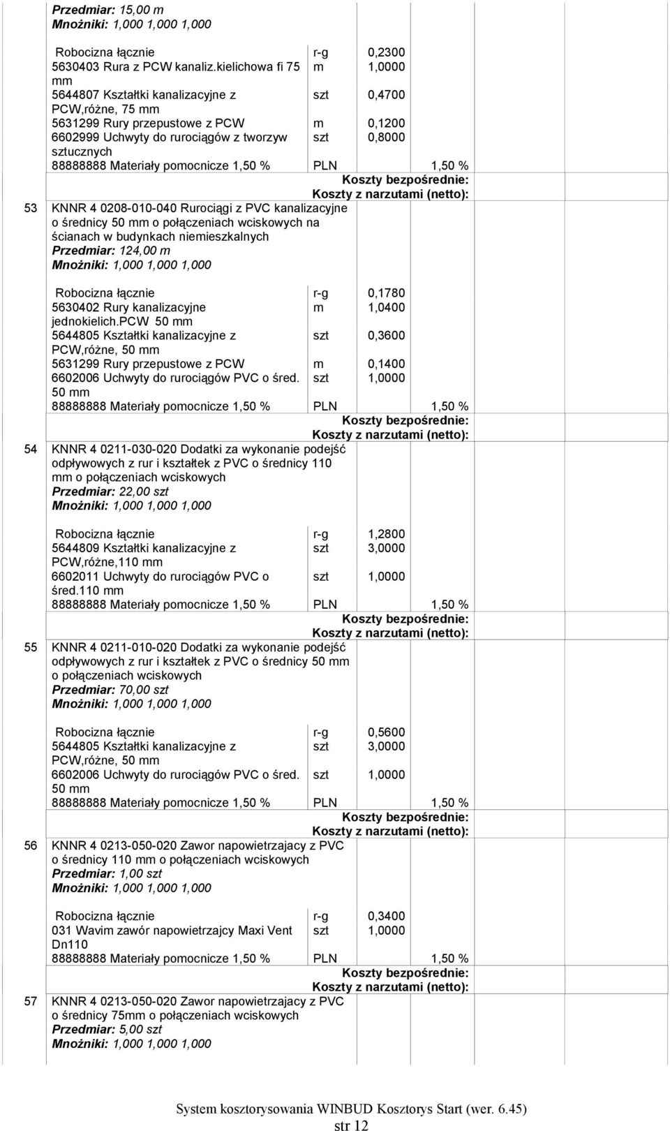 0208-010-040 Rurociągi z PVC kanalizacyjne o średnicy 50 o połączeniach wciskowych na ścianach w budynkach niemieszkalnych Przedmiar: 124,00 m Robocizna łącznie r-g 0,1780 5630402 Rury kanalizacyjne