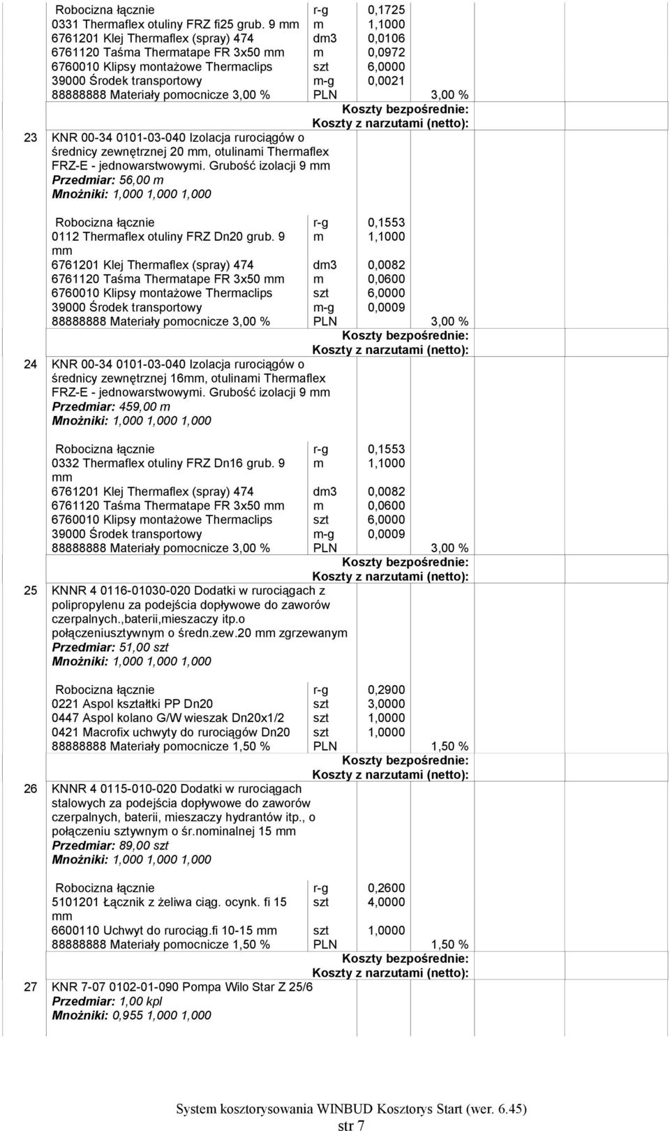 Materiały pomocnicze 3,00 % PLN 3,00 % 23 KNR 00-34 0101-03-040 Izolacja rurociągów o średnicy zewnętrznej 20, otulinami Thermaflex FRZ-E - jednowarstwowymi.