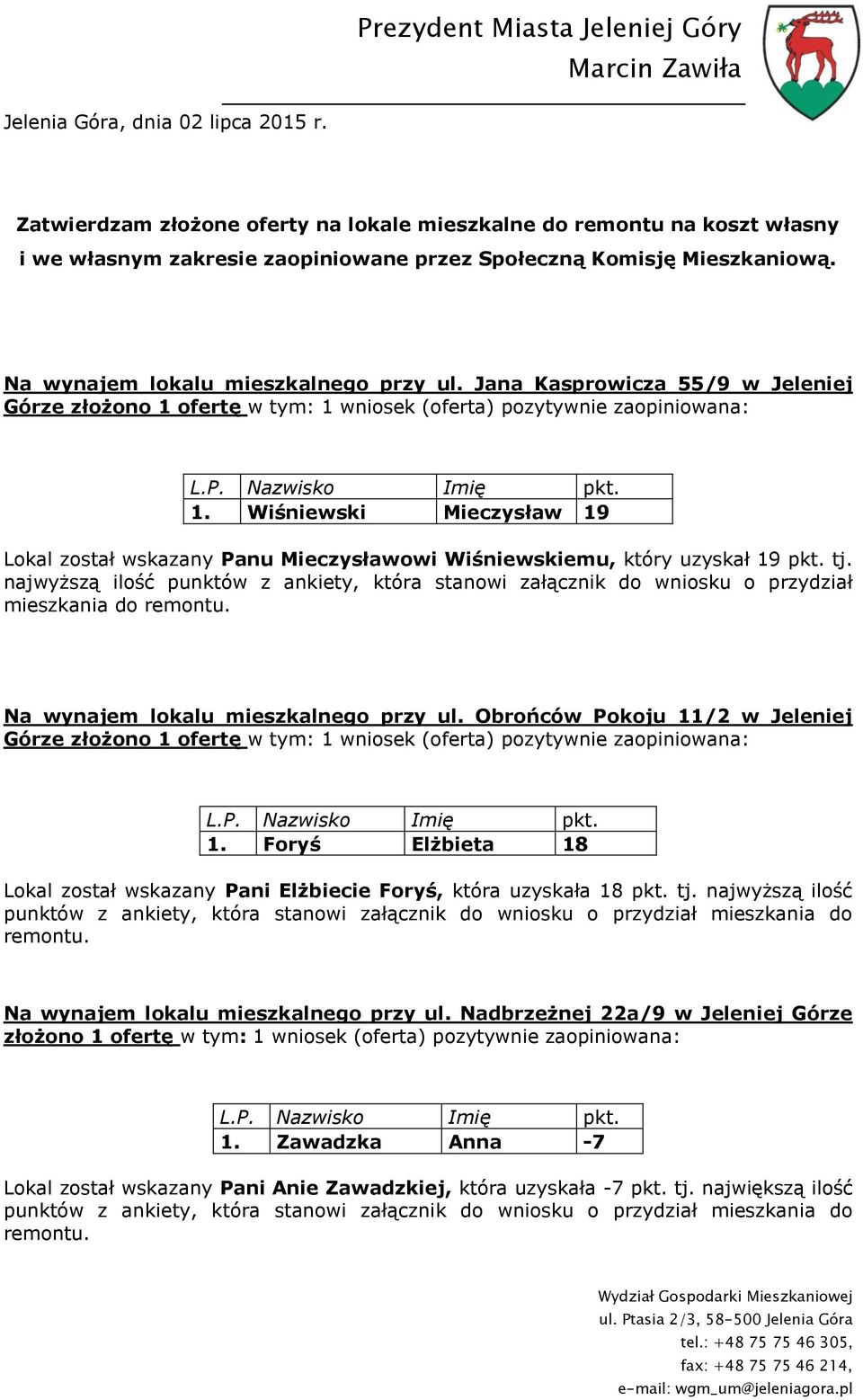 Jana Kasprowicza 55/9 w Jeleniej Górze złożono 1 ofertę w tym: 1 wniosek (oferta) pozytywnie zaopiniowana: 1.