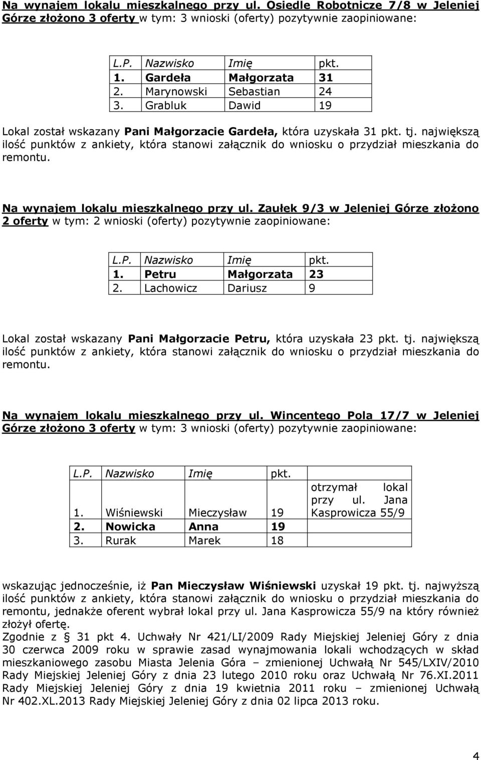 największą ilość punktów z ankiety, która stanowi załącznik do wniosku o przydział mieszkania do Na wynajem lokalu mieszkalnego przy ul.