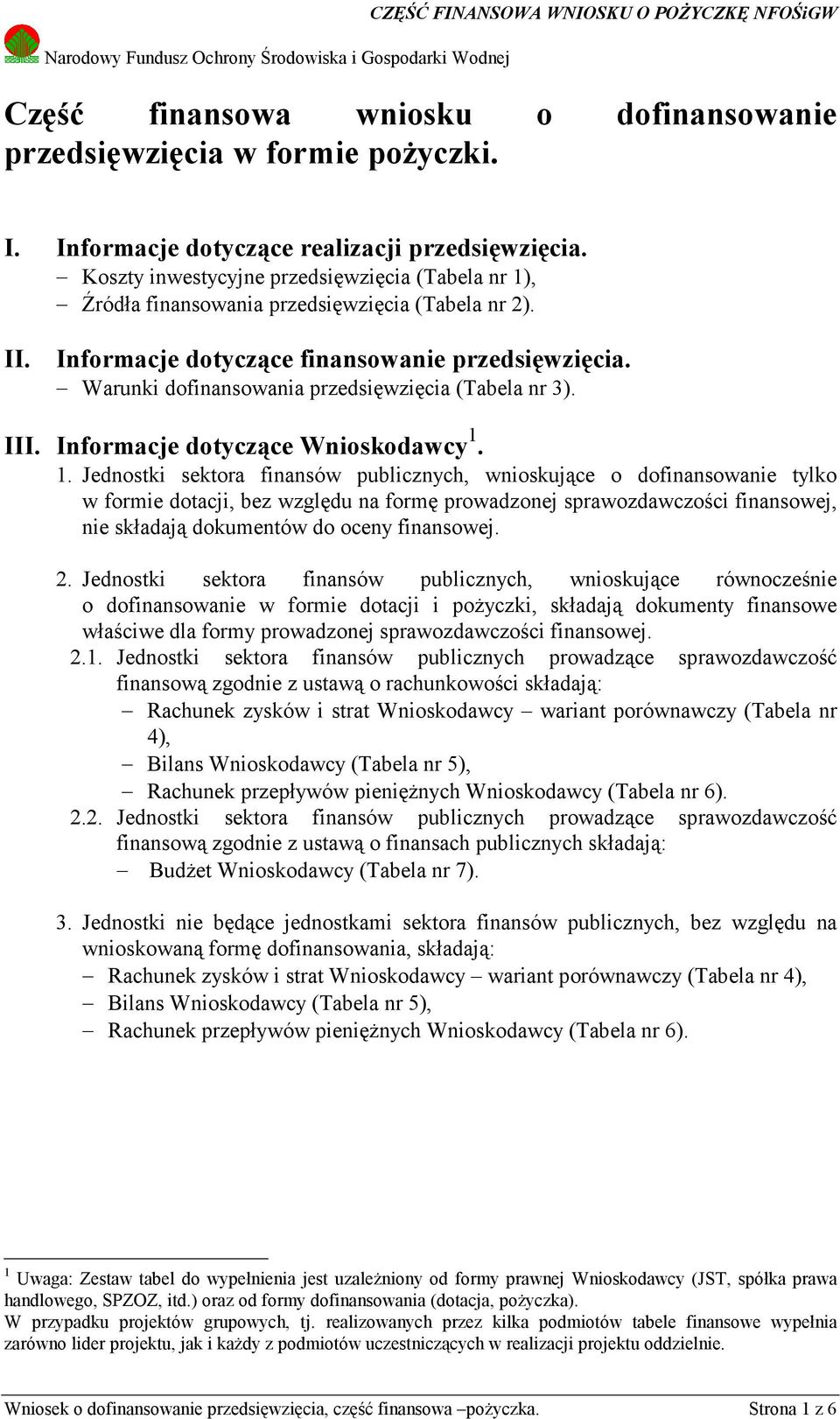 Warunki dofinansowania przedsięwzięcia (Tabela nr 3). III. Informacje dotyczące Wnioskodawcy 1.