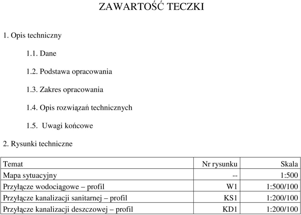 Rysunki techniczne Temat Nr rysunku Skala Mapa sytuacyjny -- 1:500 Przyłącze wodociągowe