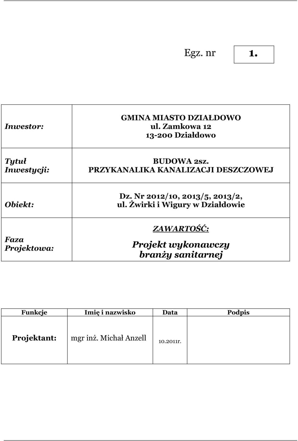PRZYKANALIKA KANALIZACJI DESZCZOWEJ Obiekt: Dz. Nr 2012/10, 2013/5, 2013/2, ul.