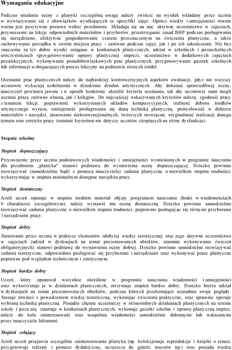 Składają się na nią: aktywne uczestnictwo w zajęciach, przynoszenie na lekcje odpowiednich materiałów i przyborów, przestrzeganie zasad BHP podczas posługiwania się narzędziami, efektywne