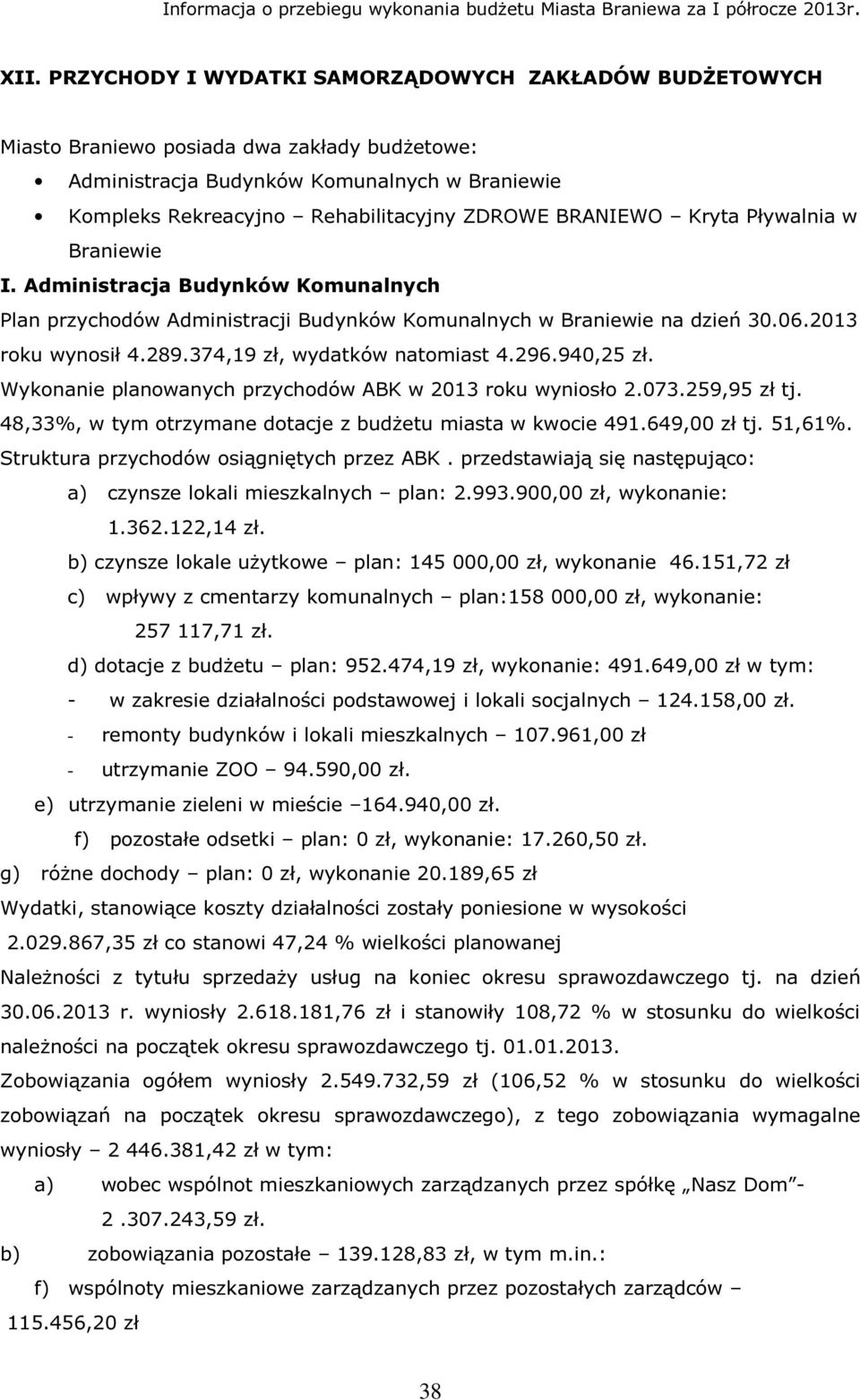 BRANIEWO Kryta Pływalnia w Braniewie I. Administracja Budynków Komunalnych Plan przychodów Administracji Budynków Komunalnych w Braniewie na dzień 30.06.2013 roku wynosił 4.289.