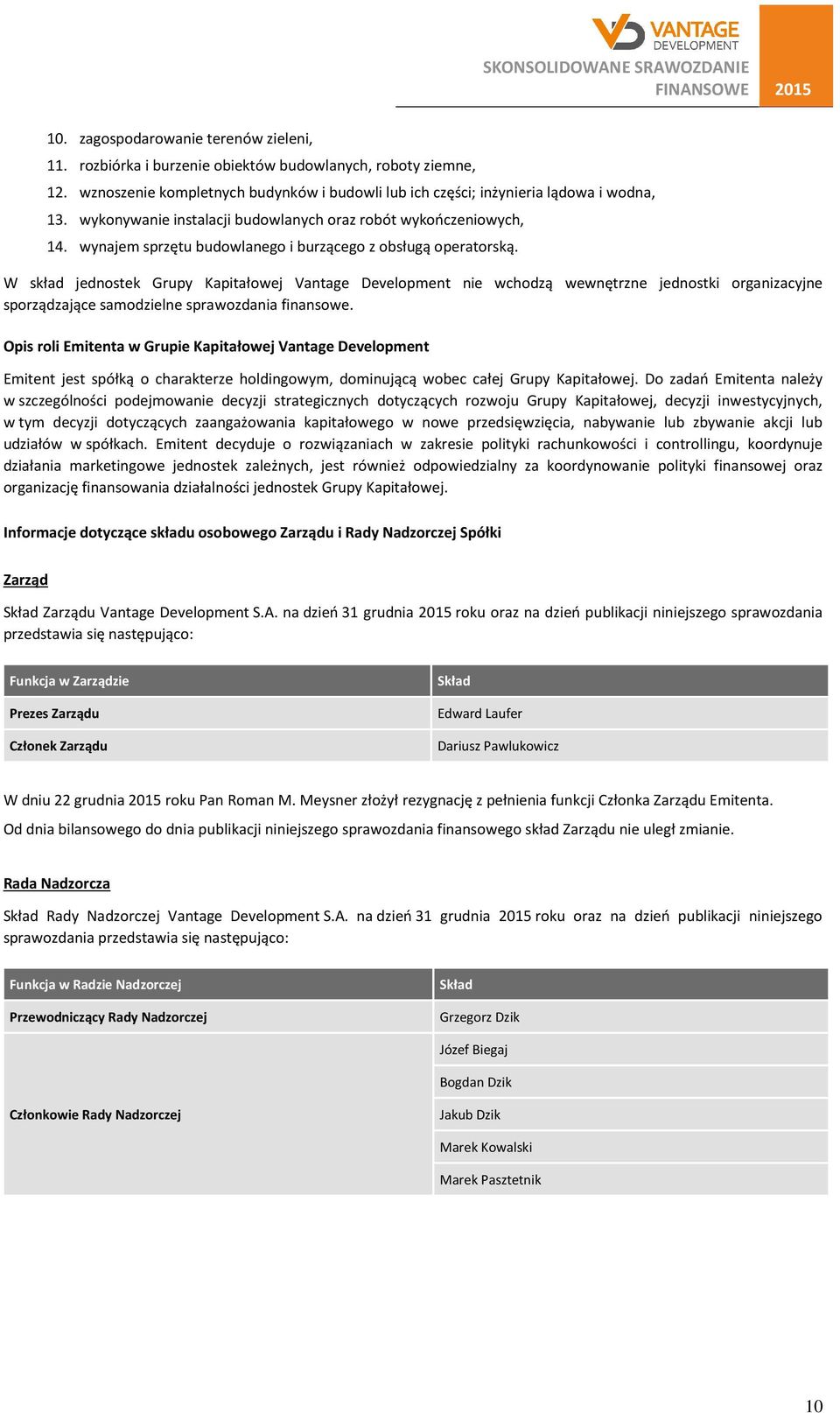 W skład jednostek Grupy Kapitałowej Vantage Development nie wchodzą wewnętrzne jednostki organizacyjne sporządzające samodzielne sprawozdania finansowe.