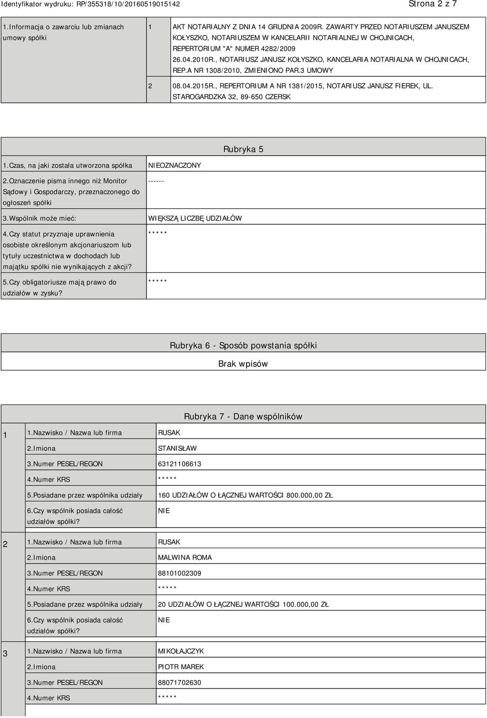 , NOTARIUSZ JANUSZ KOŁYSZKO, KANCELARIA NOTARIALNA W CHOJNICACH, REP.A NR 1308/2010, ZMIENIONO PAR.3 UMOWY 2 08.04.2015R., REPERTORIUM A NR 1381/2015, NOTARIUSZ JANUSZ FIEREK, UL.