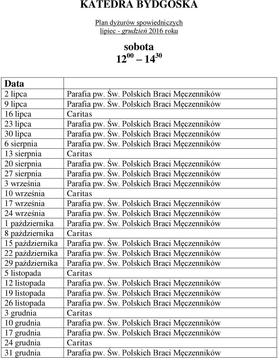 Św. Polskich Braci Męczenników 10 września Caritas 17 września Parafia pw. Św. Polskich Braci Męczenników 24 września Parafia pw. Św. Polskich Braci Męczenników 1 października Parafia pw. Św. Polskich Braci Męczenników 8 października Caritas 15 października Parafia pw.