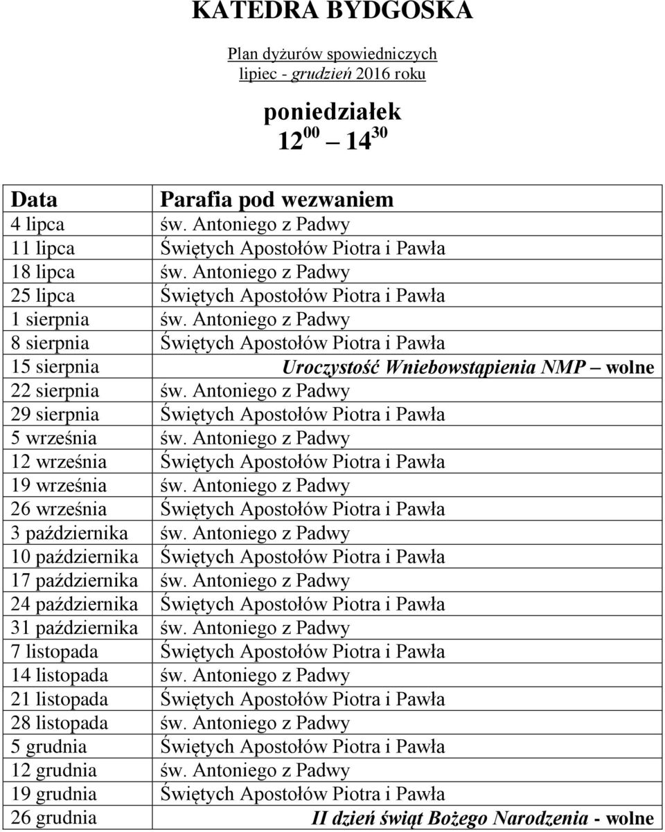 Antoniego z Padwy 29 sierpnia Świętych Apostołów Piotra i Pawła 5 września św. Antoniego z Padwy 12 września Świętych Apostołów Piotra i Pawła 19 września św.