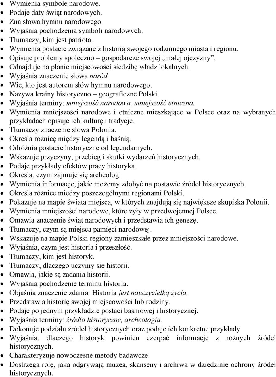 Wyjaśnia znaczenie słowa naród. Wie, kto jest autorem słów hymnu narodowego. Nazywa krainy historyczno geograficzne Polski. Wyjaśnia terminy: mniejszość narodowa, mniejszość etniczna.