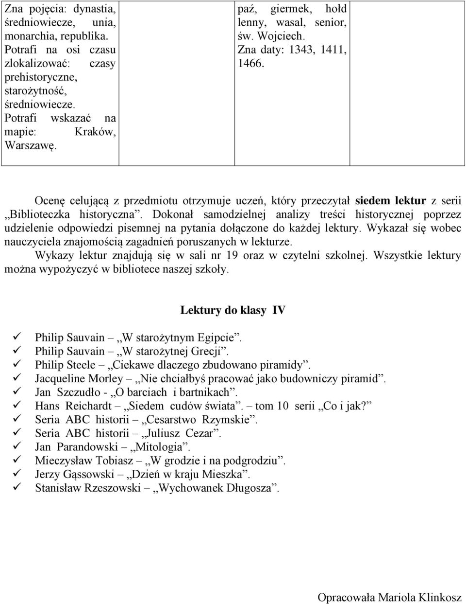 Dokonał samodzielnej analizy treści historycznej poprzez udzielenie odpowiedzi pisemnej na pytania dołączone do każdej lektury.