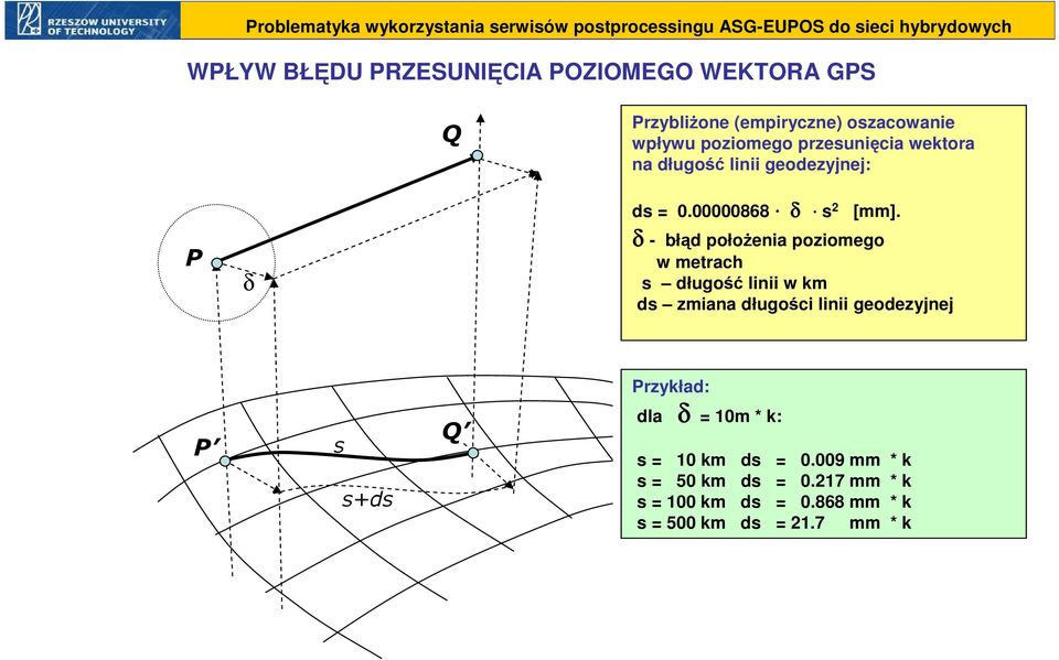 δ - błąd połoŝenia poziomego w metrach s długość linii w km ds zmiana długości linii geodezyjnej Przykład: P