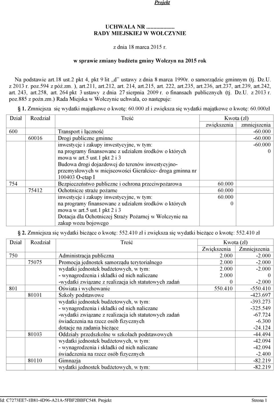 264 pkt 3 ustawy z dnia 27 sierpnia 29 r. o finansach publicznych (tj. Dz.U. z 213 r. poz.885 z poźn.zm.) Rada Miejska w Wołczynie uchwala, co następuje: 1. Zmniejsza się wydatki majątkowe o kwotę: 6.